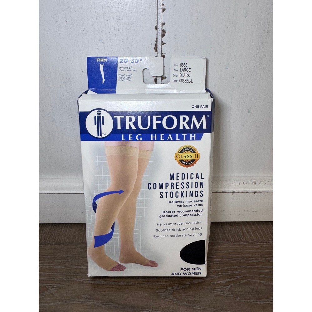 Truform 0868 Medical Compression Stockings 20-30mmHg Thigh High Open Toe Black L